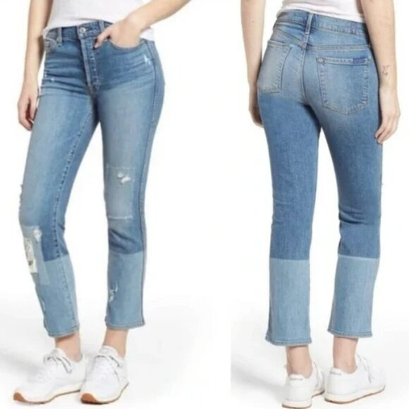 7 for all Mankind Edie High Rise Distressed Patch Work Jeans - Picture 1 of 10